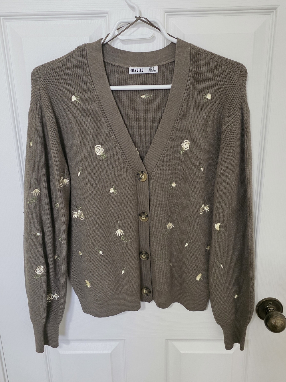 Floral-Embroidered Taupe V-Neck Cardigan Sweater
